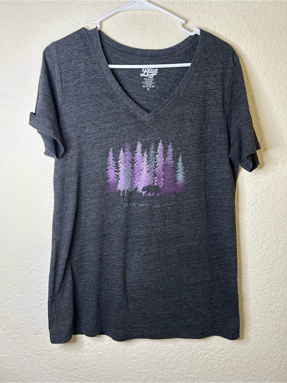 Blue 84 Charcoal V-Neck Tee with Purple Tree Graphic Twain Harte CA Short Sleeve